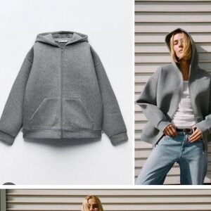 New Zara Soft Neoprene Effect Zip Front Hoodie Grey Bomber Jacket NWT Small